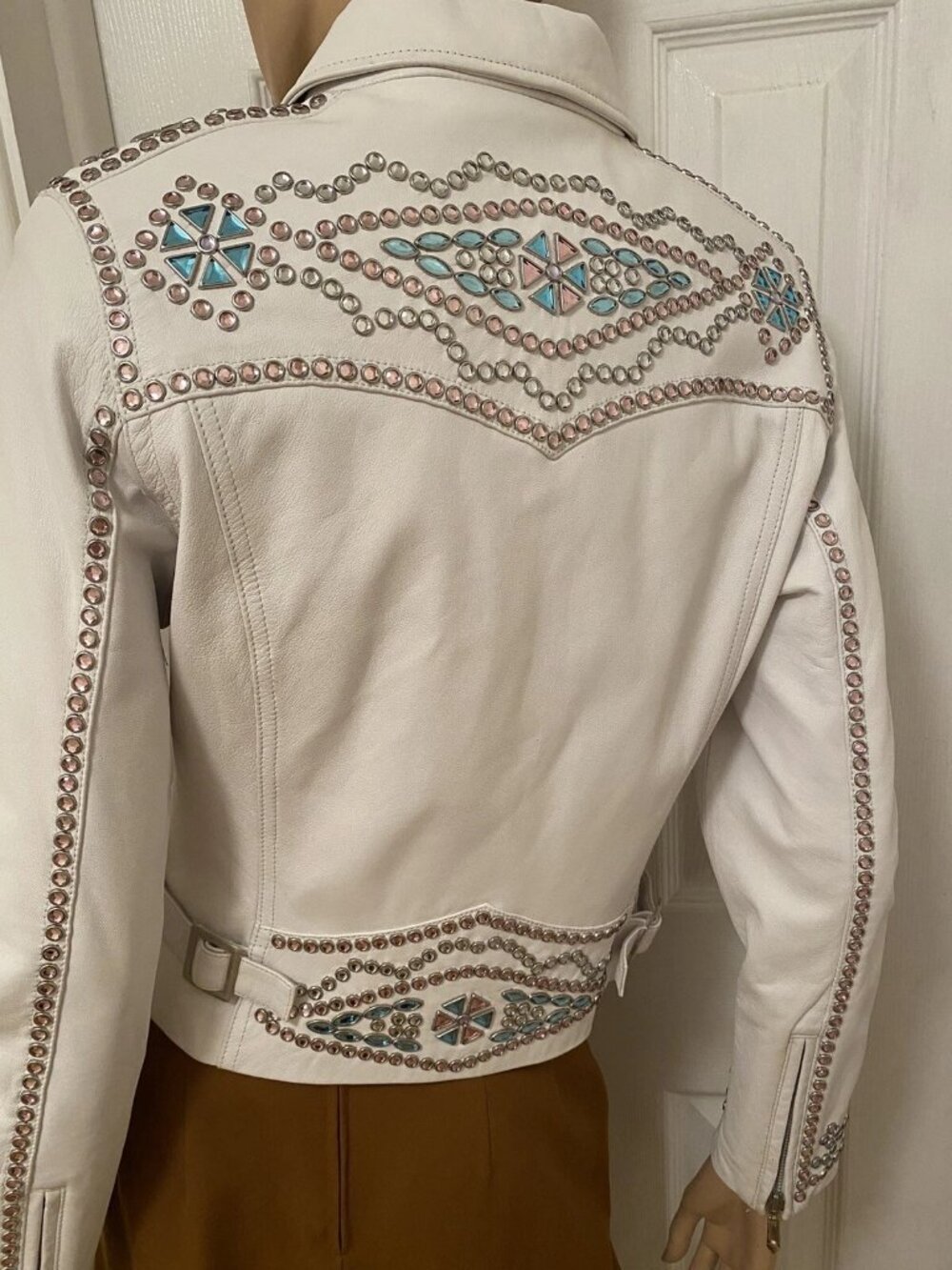 CRIPPLE CREEK Off White Leather Rhinestones Embellished Blingy Jacket S Small